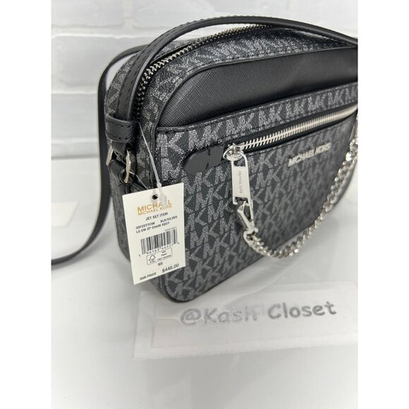 Michael Kors crossbody bag large chain zip purse MK signature black silver - Picture 8 of 10
